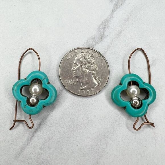 Faux Pearl Faux Turquoise Flower Drop Earrings Pierced Pair - Picture 2 of 4